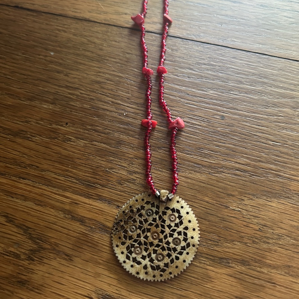 Lia Sophia wood and Red Bohemian Necklace